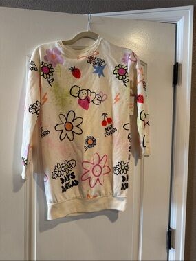 Kids Cream Graphic Long Sleeve Sweatshirt Dress with Floral & Heart Prints
